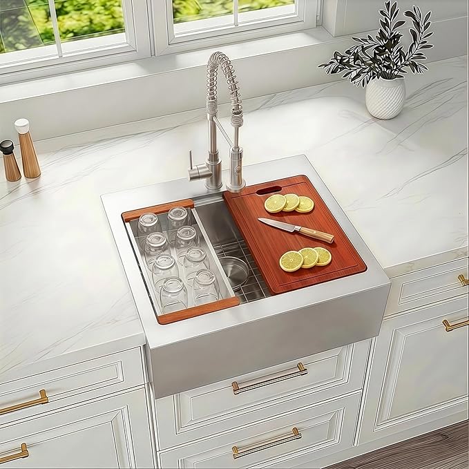 26 Inch Farmhouse Sink, 16 Gauge 304 Stainless Steel Farm Sinks, Drop In Topmount Single Bowl Workstation Sink with all Accessories, 26" x 22" x 10" Deep Kitchen Sink