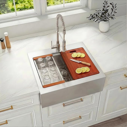 26 Inch Farmhouse Sink, 16 Gauge 304 Stainless Steel Farm Sinks, Drop In Topmount Single Bowl Workstation Sink with all Accessories, 26" x 22" x 10" Deep Kitchen Sink