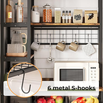 IRONCK Corner Bakers Rack with Power Outlet, Coffee Bar 6 Tier with Storage Cabinet, Vintage Industrial Microwave Stand with 6 Hooks, Kitchen Shelves with Wire Basket, Rustic Brown