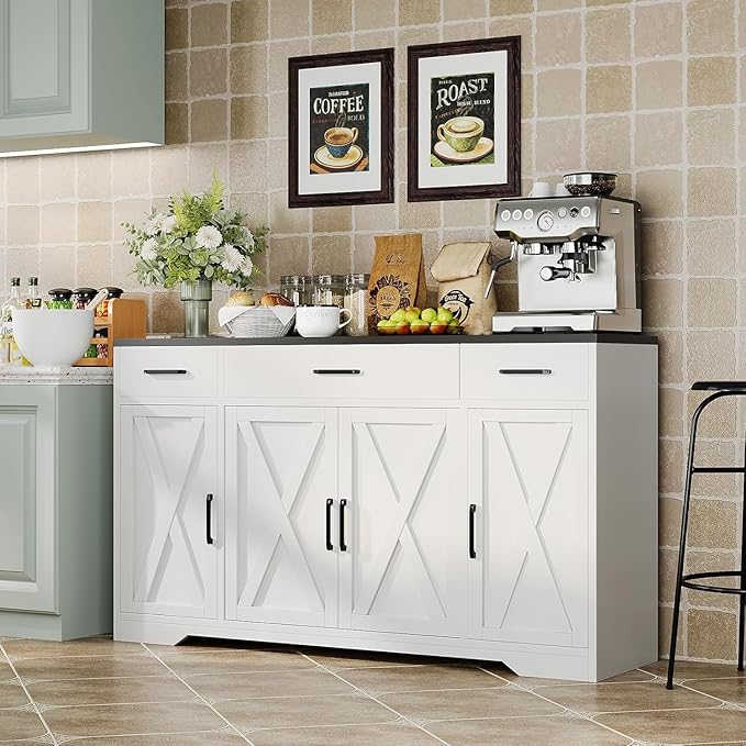 Modern Buffet Sideboard Kitchen Storage Cabinet With 3 Drawers, 55" Large Farmhouse Buffet Cabinet With Shelves and Doors, Wood Coffee Bar for Living Room Dining Room Hallway (White Black)