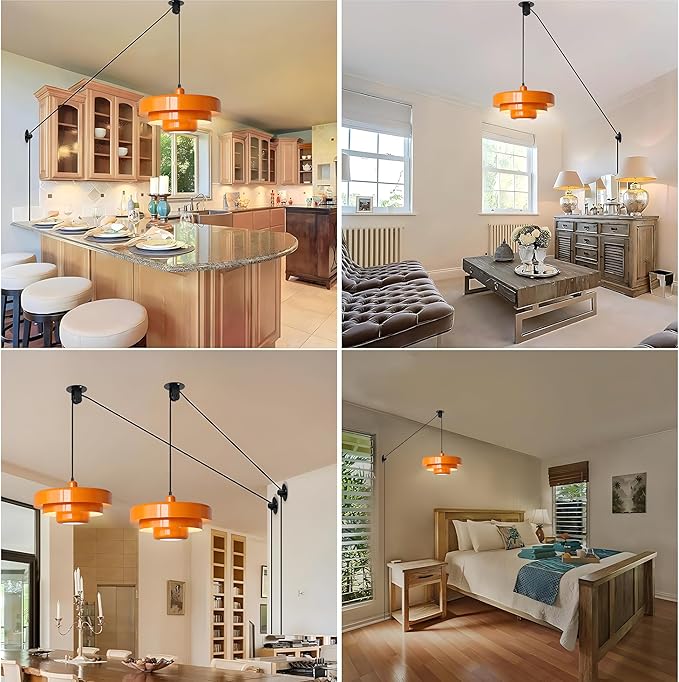 FCTWAKS Plug in Pendant Light, Mid Century Orange Hanging Lights with Plug in Cord, 3-Layer Metal Shade, Adjustable Pulley, Dimmable, Vintage Hanging Lamp for Bedroom, Kitchen Island, Dining Room