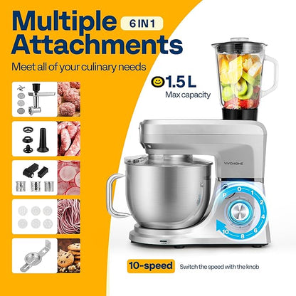 VIVOHOME 6-in-1 Stand Mixer, 8.5 Quart Electric Tilt-Head Kitchen Mixer with Bowl, Multifunctional Food Mixer for Cake, Bread, and Dough, with Meat Grinder, Blender, Pasta Maker Attachments, Silver