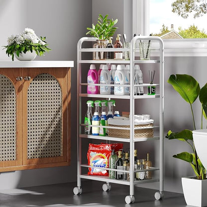 Asgolion Slim Storage Cart, 4-Tier Small Rolling Cart with Wheels, 9.1" Deep, Narrow Bathroom Shelf Trolley for Kitchen, Bathroom, Laundry Room, White Large 4-Tier (9.1" W x 33.6" H)