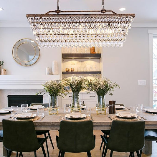 Wellmet Dining Room Crystal Chandelier, 48 Inch Antique Bronze Rectangle Chandeliers, 9 Lights Luxury Large Farmhouse Hanging Ceiling Light Fixtures for Kitchen Island, Living Room, Entryway