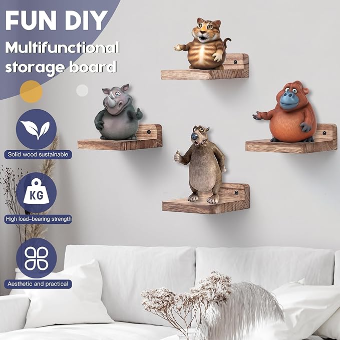 Small Floating Shelf, 4x4 Inch Display Ledges for Wall,Mini Shelves,Rustic Wood Shelf for Bedroom Living Room Bathroom Kitchen (8, Carbonized Black)