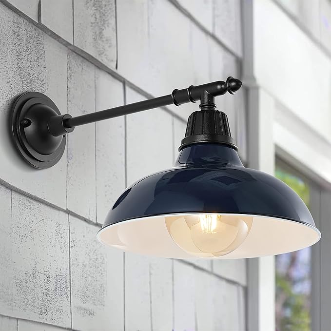JONATHAN Y 12.25" Navy/Black 1-Light Industrial Farmhouse Outdoor Sconce, Iron Wall Light with LED Bulb, Metal Bowl Shade, Vintage Porch Lamp for Entryway Patio Kitchen (JYL7615C)