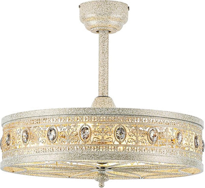 Art Deco Chandelier Ceiling Fan with Light,Antique Coastal Ornate Caged Bladeless Fandelier,Glam Statement Crystal Light Fixture,Hanging/Flush Mount for Bedroom,Dining Room,Living Room,Kitchen Island