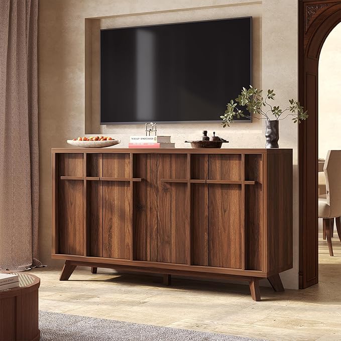 knoworld Sideboard Buffet Cabinet with Storage, 59" Modern Credenza with 4 Doors & Adjustable Shelves, Wood Console Cabinet for Living Room Kitchen Dining Room Hallway (Walnut)