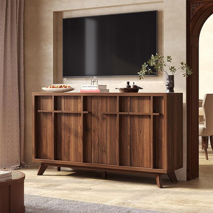 knoworld Sideboard Buffet Cabinet with Storage, 59" Modern Credenza with 4 Doors & Adjustable Shelves, Wood Console Cabinet for Living Room Kitchen Dining Room Hallway (Walnut)
