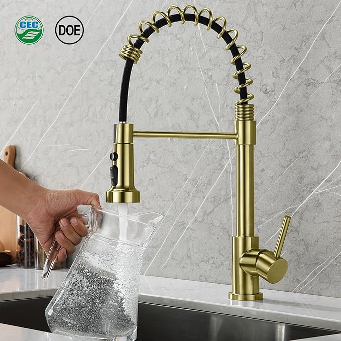 TIORIY Kitchen Faucet Head with 15 Adapters, High Pressure 3 Functions Pull Down Kitchen Spray Head Replacement, Pull Out Kitchen Sink Sprayer Nozzle, Brushed Gold, ABS
