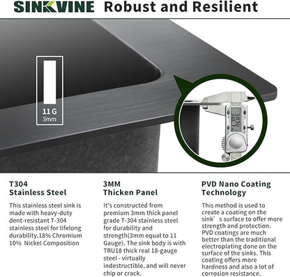 33-inch Black Kitchen Sink Undermount - SINKVINE 33 x 19 inch PVD Nano Stainless Steel Single Bowl Kitchen Sink, with 3.5" Drain Strainer, Bottom Grid Protector, Roll-up Drying Unit, Dark Grey