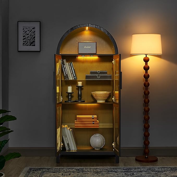 Ball & Cast 67" Tall Arched Kitchen Pantry Cabinet with Lamp, Modern Wooden Storage Cabinets with Glass Doors & Adjustable Shelves,Versatile Display Cabinet for Kitchen, Living Room,Dining Room,Black