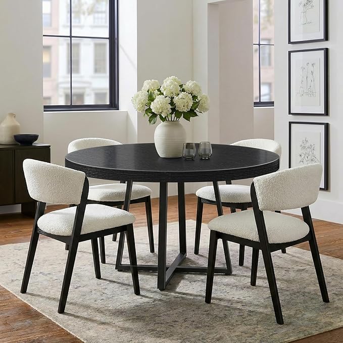 NUTIKAS 47 Inch Round Dining Table for 4, Modern Black Wood Grain Kitchen Table with Cross Metal Legs, Circular Industrial Dinner Table for Small Spaces, Breakfast Nook, Apartment, Office