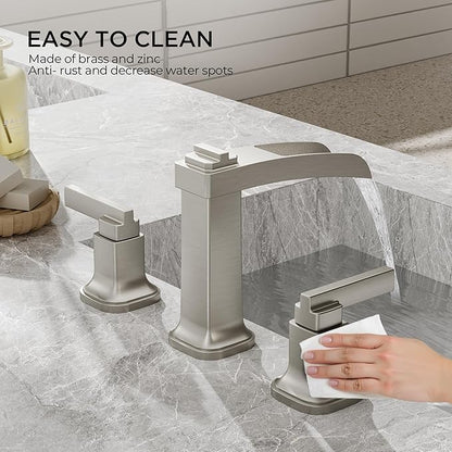 FORIOUS Brass Bathroom Faucets 3 Hole, Modern Waterfall Widespread 8 Inch Brushed Nickel Bathroom Sink Faucet with Metal Pop-up Drain and Pre-Assembled Hose for Vanity, Restroom, Bathtub