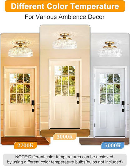 Semi Flush Mount Ceiling Light, 12 Inch Large Copper Ceiling Light Fixture, 3-Light Globe Glass Farmhouse Kitchen Lighting Fixtures for Bathroom, Hallway, Dining Room (Bulb Not Included)