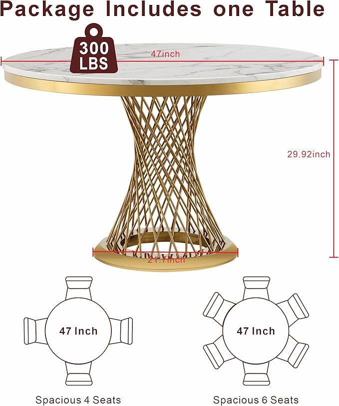 47" Round Dining Table for 4-6 People, Modern Faux Marble Kitchen Table with Gold Mirrored Stainless Steel Pedestal Base, Luxury White Stone Tabletop Dinner Table for Dining Room (Table Only)