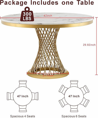 47" Round Dining Table for 4-6 People, Modern Faux Marble Kitchen Table with Gold Mirrored Stainless Steel Pedestal Base, Luxury White Stone Tabletop Dinner Table for Dining Room (Table Only)