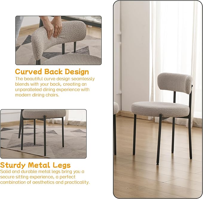 EDWELL Grey Dining Chairs Set of 6, Mid Century Modern Dining Room Chairs with 3.94” Cushions, Round Upholstered Boucle Chairs with Black Metal Legs for Kitchen, Living Room