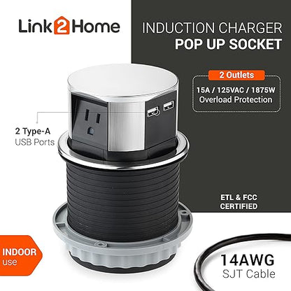 Link2Home Space Saver Pop Up-Outlet, 3 Power Outlets 15 Amp, 2 USB Ports 2.4 Amp, Overload Protection, Splash Resistant EM-PU-100E