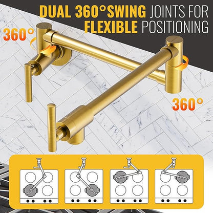 WOWOW Pot Filler Faucet Brushed Gold, Solid Brass Pot Filler Wall Mount Kitchen Stove Faucet with Double Joint Swing Arms