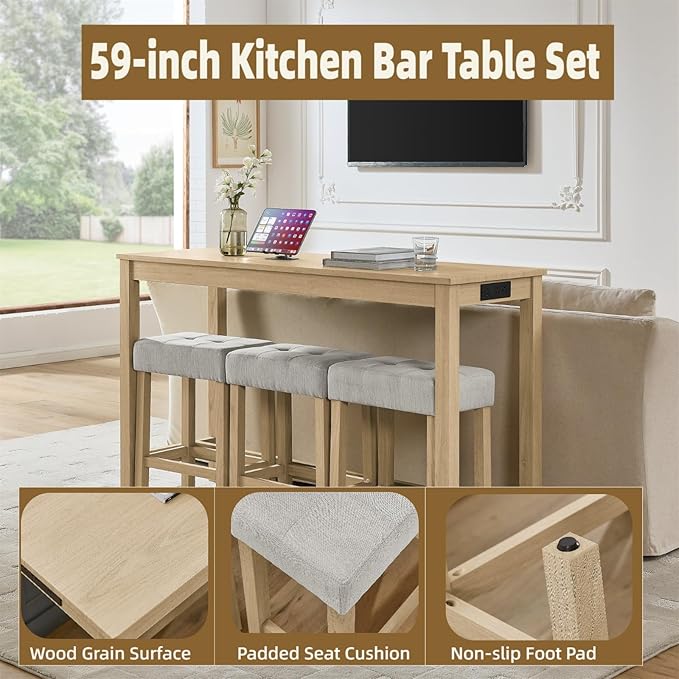 59 inch Bar Table and Chairs Set with with Power Outlet, Industrial Counter Height Bar Table with 3 Upholstered Stools,4 Pieces Space-Save Breakfast Table Set for Kitchen Dining Room Light Oak