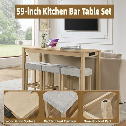 59 inch Bar Table and Chairs Set with with Power Outlet, Industrial Counter Height Bar Table with 3 Upholstered Stools,4 Pieces Space-Save Breakfast Table Set for Kitchen Dining Room Light Oak