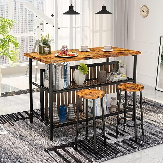AWQM Kitchen Island with Seating & Storage Shelf, Modern Bar Table and Chairs Set for 2, Wooden Island Table for Kitchen, Dining Table Set for Small Space, Walnut Color