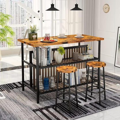 AWQM Kitchen Island with Seating & Storage Shelf, Modern Bar Table and Chairs Set for 2, Wooden Island Table for Kitchen, Dining Table Set for Small Space, Walnut Color