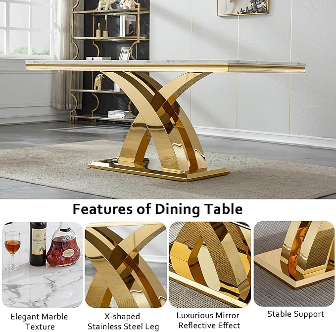 68" Faux Marble White Dining Table for 6-8, Modern Dining Room Table with 0.71" Marble Printing MDF Top and X-Shaped Gold Stainless Steel Base, Rectangle Kitchen Dinner Table