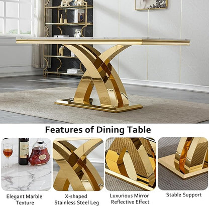 68" Faux Marble White Dining Table for 6-8, Modern Dining Room Table with 0.71" Marble Printing MDF Top and X-Shaped Gold Stainless Steel Base, Rectangle Kitchen Dinner Table