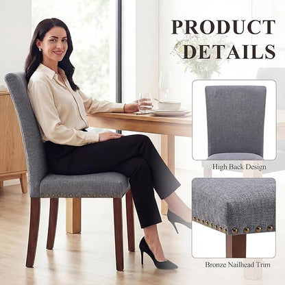 COLAMY Upholstered Parsons Dining Chairs Set of 6, Fabric Dining Room Kitchen Side Chair with Nailhead Trim and Wood Legs - Dark Grey