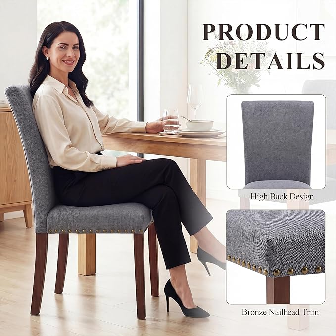COLAMY Upholstered Parsons Dining Chairs Set of 4, Fabric Dining Room Kitchen Side Chair with Nailhead Trim and Wood Legs - Dark Grey