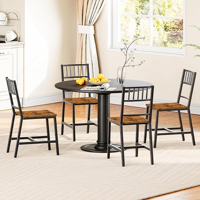 HOOBRO Dining Chairs Set of 4, Wooden Kitchen Chairs with Metal Frame, Industrial Dining Chairs with Back, Easy to Assemble, Farmhouse Dining Chairs for Living Room, Rustic Brown and Black BF39CDP401