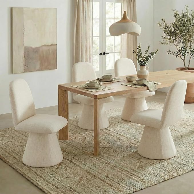 KISLOT Swivel Dining Chairs Set of 4, Modern Upholstered Dining Chair Mid Century Kitchen Chairs with Wave Shaped High Back, 360 Degree Rotating Vanity Chair for Dining Room, Bedroom, Farmhouse, Sand