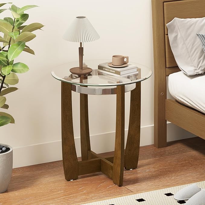 Giantex Round Glass End Table Set of 2, 24’’ Side Table with Tempered Glass Top, Nightstands with Cross & Solid Rubber Wood Base, Compact Bedside Night Stand for Bedroom Office Living Room (2, Walnut)