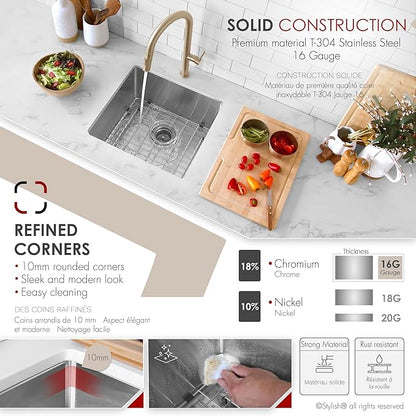 Stylish 19 x 18 Inch Undermount Kitchen Sink 16G Stainless Steel 10mm Radius Corners Single Bowl Kitchen Sinks with Bottom Grid and Luxury Basket Strainer, S-308XG