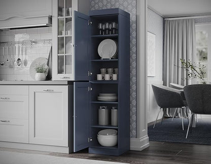 Palace Imports Solid Wood Kitchen Pantry - Narrow Storage Cabinet -Shaker Doors, Adjustable Shelves, Antique Blue, 16.5" Wide x 71.5" Tall, 100% Eco-Friendly Wood, Modular Cabinet