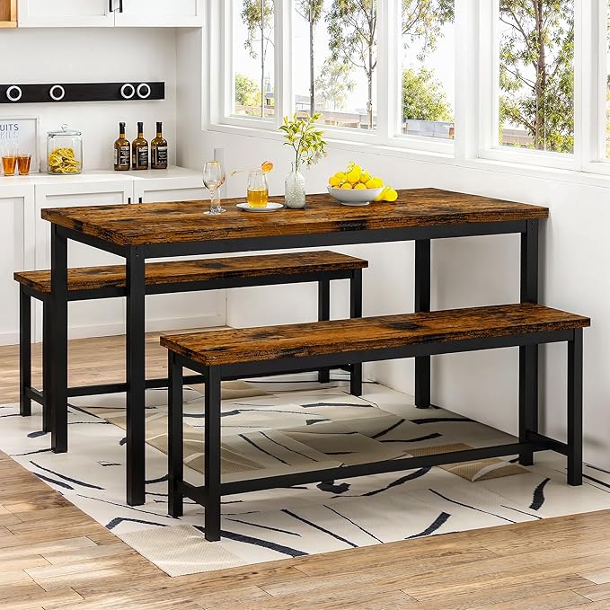 Lamerge Dining Room Table Set with 2 Benches, Dining Table Set for 4-6, Kitchen Table Set for Home Kitchen, Dining Room, Restaurant, Space Saving, Rustic, 3 Pieces Dining Furniture Set (05-Brown)