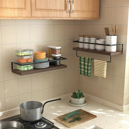 Wood Floating Shelves Wall Mounted - 2+1 Tier Rustic Bathroom Wall Shelves Over Toilet with Towel Bar, Natural Wood Set of 2 Farmhouse Floating Shelf for Bathroom, Kitchen, Bedroom, Dark Brown