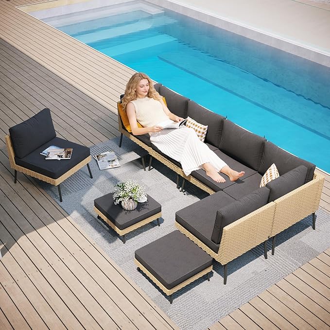 Aoxun 8-Piece Patio Furniture Set, Wicker Outdoor Furniture with Water Resistant Thick Cushions, Patio Conversation Set Outdoor Sectional Sofa with Coffee Table for Backyard Poolside, Black