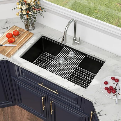 Kichae 33 Granite Composite Kitchen Sink - 33"x19" Granite Kitchen Sink Ledge Workstation Undermount Black Quartz 10" Deep Under Counter Single Bowl Sink Basin