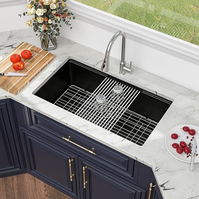 Kichae 32 Granite Composite Kitchen Sink - 32"x19" Granite Kitchen Sink Ledge Workstation Undermount Black Quartz 10" Deep Under Counter Single Bowl Sink Basin