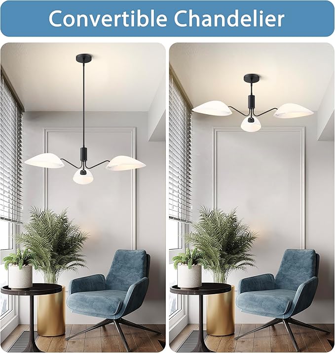 MEXO Modern Glass Chandeliers, Sputnik Chandelier Black Pendant Lighting Fixture Glass Shade Ceiling Light for Dining Room Kitchen Island
