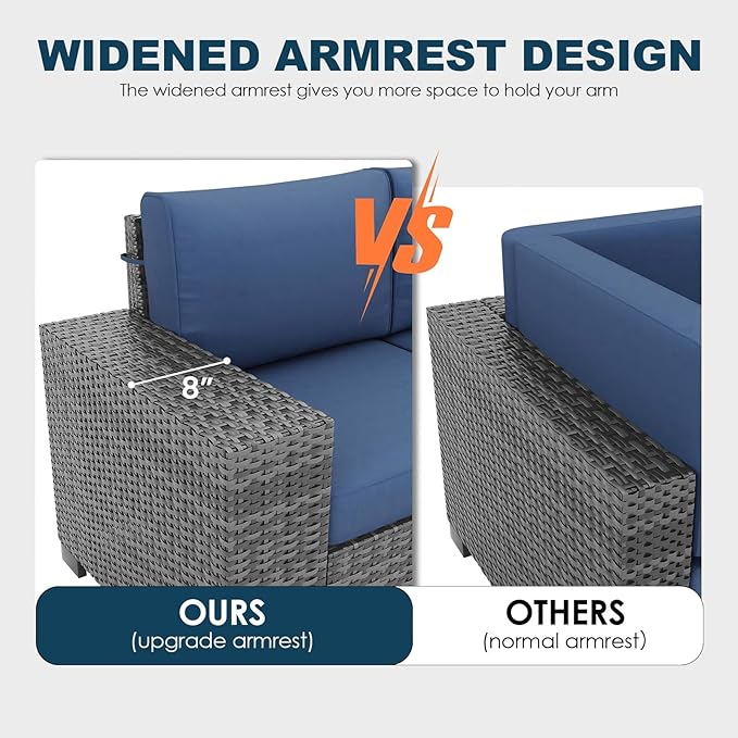 5 Piece Patio Furniture Set with Fire Pit Table, Outdoor Conversation Sets Grey Wicker Rattan Sectional Sofa, 4'' Thickened Cushion Navy Blue