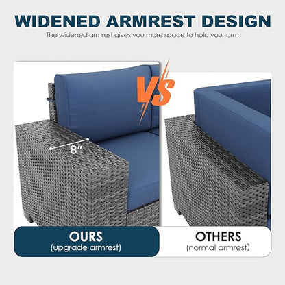 5 Piece Patio Furniture Set with Fire Pit Table, Outdoor Conversation Sets Grey Wicker Rattan Sectional Sofa, 4'' Thickened Cushion Navy Blue