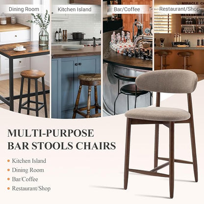 COLAMY Counter Height Bar Stools Set of 3, Kitchen Bar Stools with Back, Mid Century Modern Upholstered, with Wood Legs for Kitchen Island Dining Room, Camel
