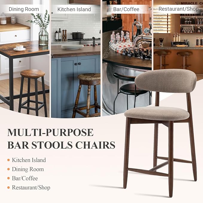 Upholstered Counter Height Bar Stools Set of 6, Kitchen Island Stools with Back, Modern Counter Stools Island Bar Chairs with Wood Legs for Kitchen Island Dining Room Bar, Camel