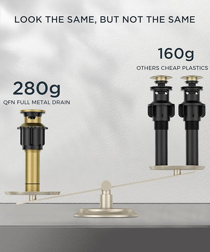 QFN Lead-Free Gold Bathroom Faucet 3 Hole, Square Bathroom Sink Faucet 8 Inch Widespread, 2 Handle for 4"-12" Vanity Sink with Metal Pop Up Drain and 24" cUPC Supply Hoses
