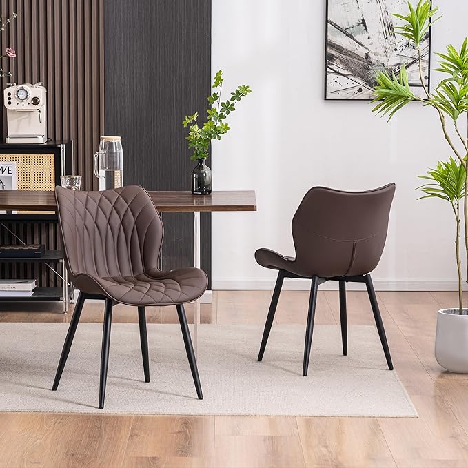 Kidol & Shellder Dining Chairs Set of 2, PU Leather Upholstered Kitchen Chairs with Back Armless, Mid Century Modern Side Chair for Dining Room, Living Room, Lounge, Restaurant, Brown