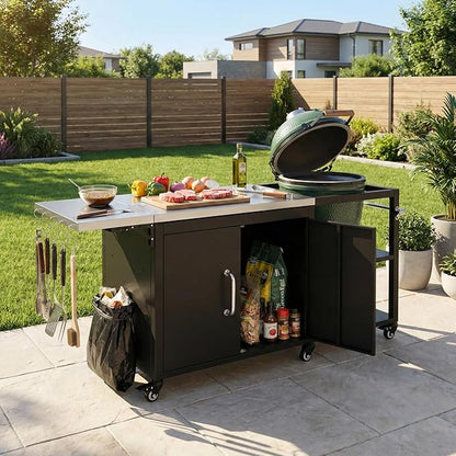 Outdoor Kitchen Island with Storage Cabinet and Adjustable Shelves, Kitchen Island Stainless Steel Top Drop Leaf for Large Big Green Egg, Rolling Cart on Wheels with Hooks & Bottle Opener Grey Blue